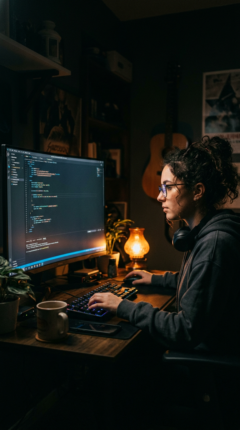 Developer coding at night in front of a glowing monitor