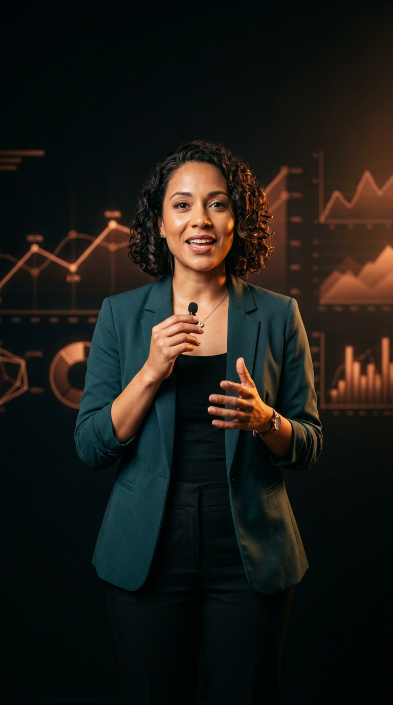Finance educator presenting to camera with glowing chart lines