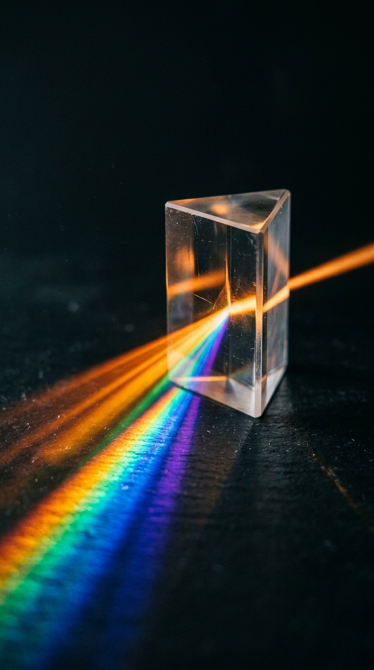 Glass prism splitting warm light into beams on a black surface